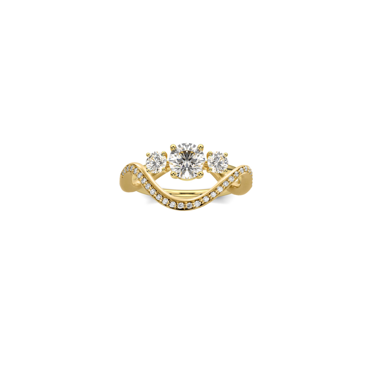 Trilogy Petite Comete Wedding Ring Set in 18k yellow gold, featuring a 0.75ct Trilogy Diamond Ring and a Petite Comete Pavé Ring by Nayestones, Belgian fine jewelry.