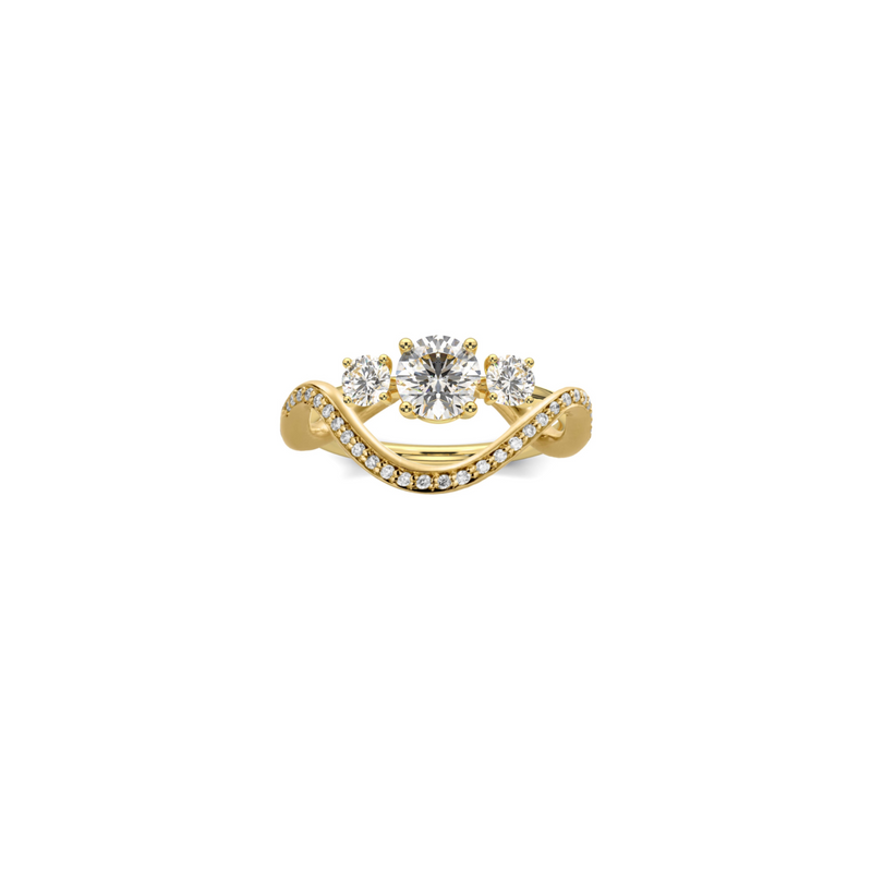 Trilogy Petite Comete Wedding Ring Set in 18k yellow gold, featuring a 0.75ct Trilogy Diamond Ring and a Petite Comete Pavé Ring by Nayestones, Belgian fine jewelry. Nayestones