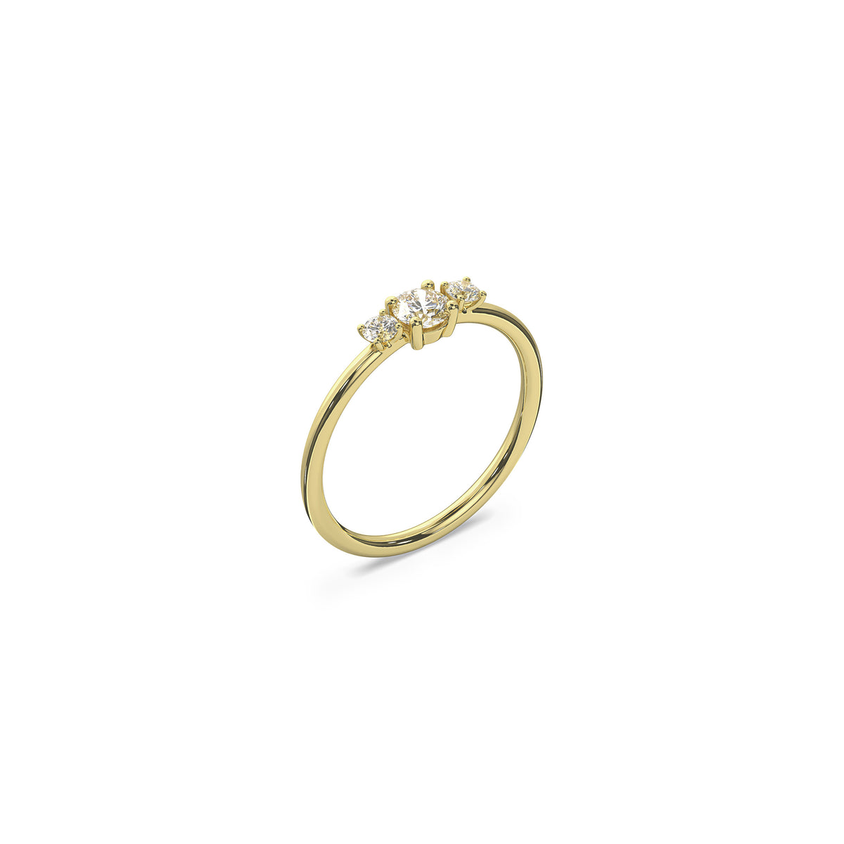 Trilogy engagement ring in 18K yellow gold with 0.25 carat diamond center stone by Nayestones, Belgian fine jewelry brand.