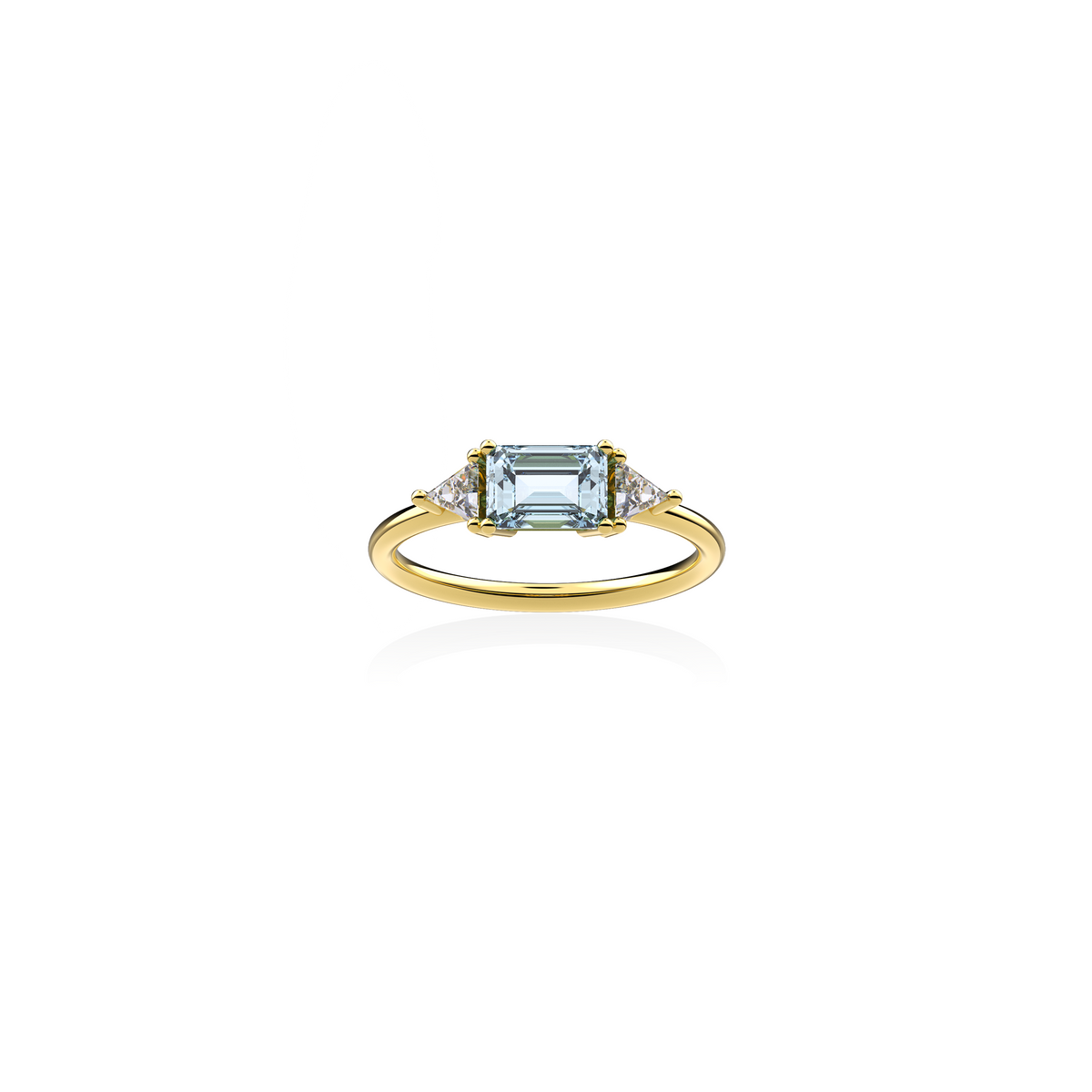 18K yellow gold ring with emerald-cut aquamarine in the center framed by two triangular diamonds, front view on white background. Sleek, symmetrical design by Nayestones.