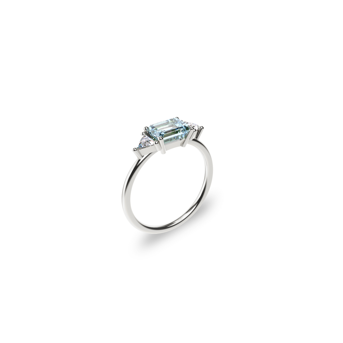 18K white gold ring with emerald-cut aquamarine in the center framed by two triangular diamonds, perspective view on white background. Sleek, symmetrical design by Nayestones.