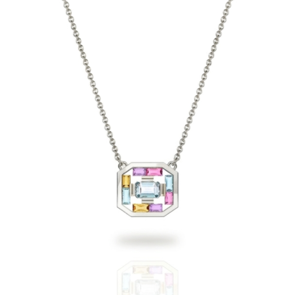 Art Deco Aura Necklace presented in a white background, in 18K white gold featuring an octogonal blue topaz as its centerpiece, surrounded by baguette-cut amethysts, tourmalines, citrines, and blue topaz stones. The gemstones are artfully spaced within a geometric gold frame, creating a light and airy design that delicately enhances the neckline.