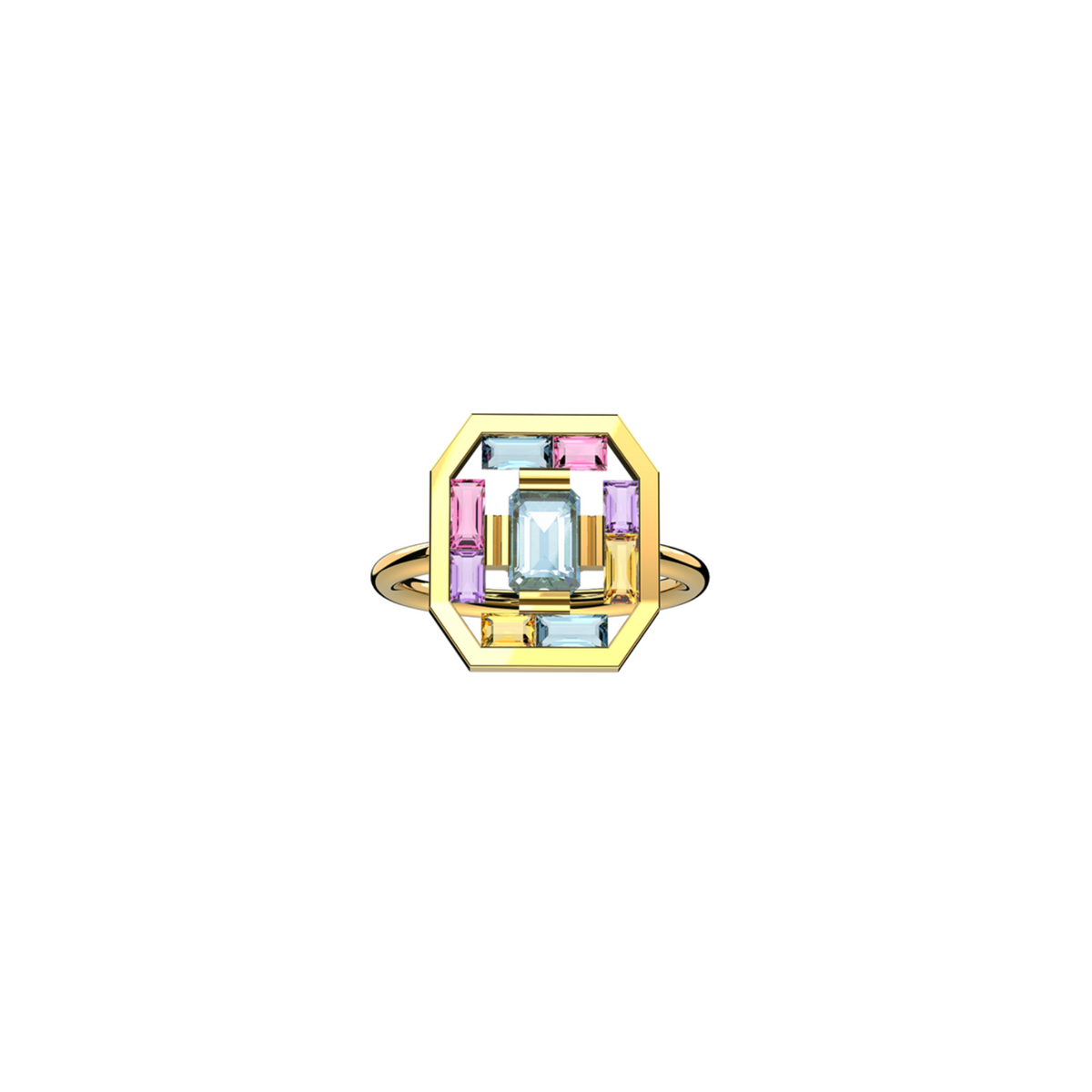 Art Deco Aura Ring in 18K yellow gold with an octogonal blue topaz at its center, encircled by a harmonious arrangement of baguette-cut amethysts, tourmalines, citrines and blue topaz. Front view on a white background, by Nayestones, Belgian fine jewelry.