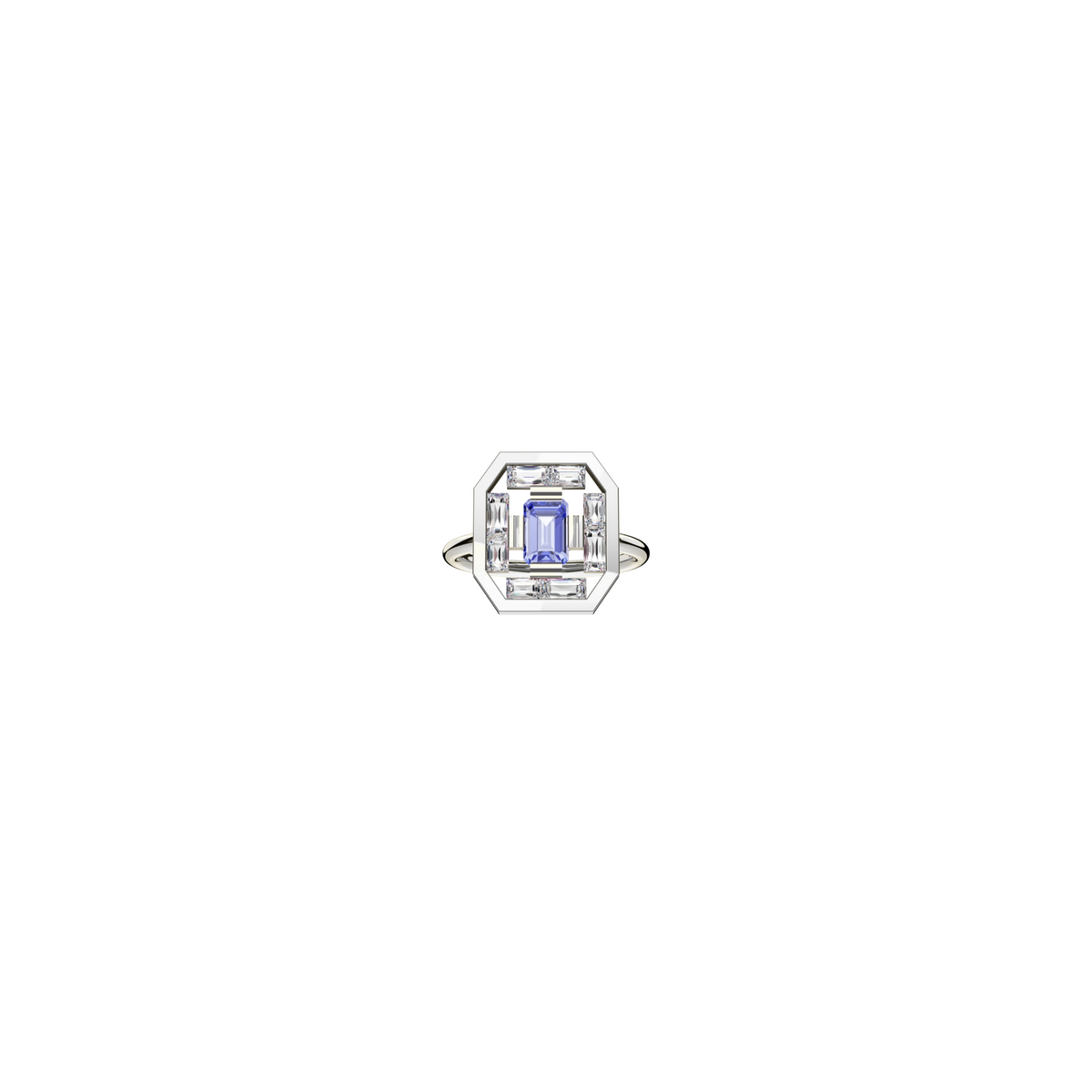 Art Deco Ava Ring in 18K white gold with an octogonal tanzanite at its center, encircled by a harmonious arrangement of baguette-cut diamonds. Front view on a white background, by Nayestones, Belgian fine jewelry.