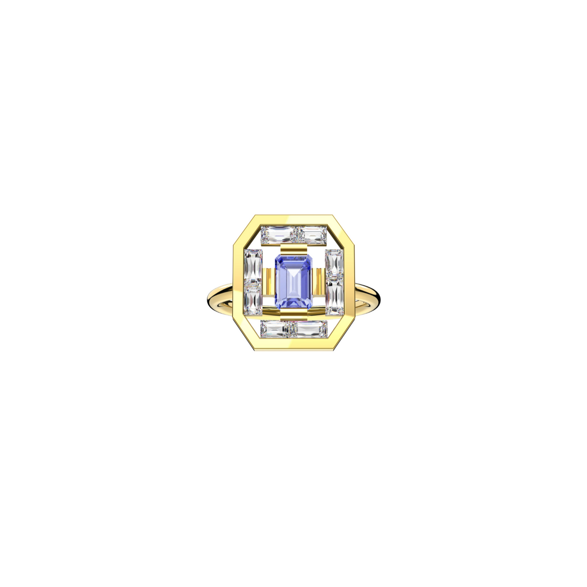 Art Deco Ava Ring in 18K yellow gold with an octogonal tanzanite at its center, encircled by a harmonious arrangement of baguette-cut diamonds. Front view on a white background, by Nayestones, Belgian fine jewelry.