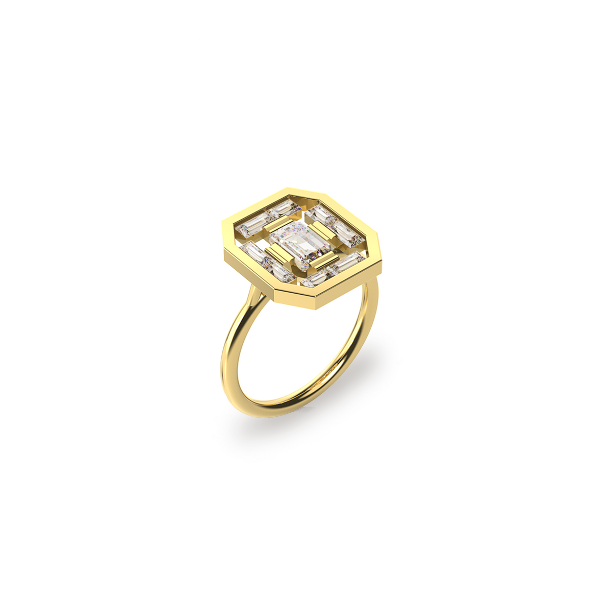 Art Deco Lumina Ring in 18K yellow gold with an octogonal diamond at its center, encircled by a harmonious arrangement of baguette-cut diamonds. Perspective view on a white background, by Nayestones, Belgian fine jewelry.