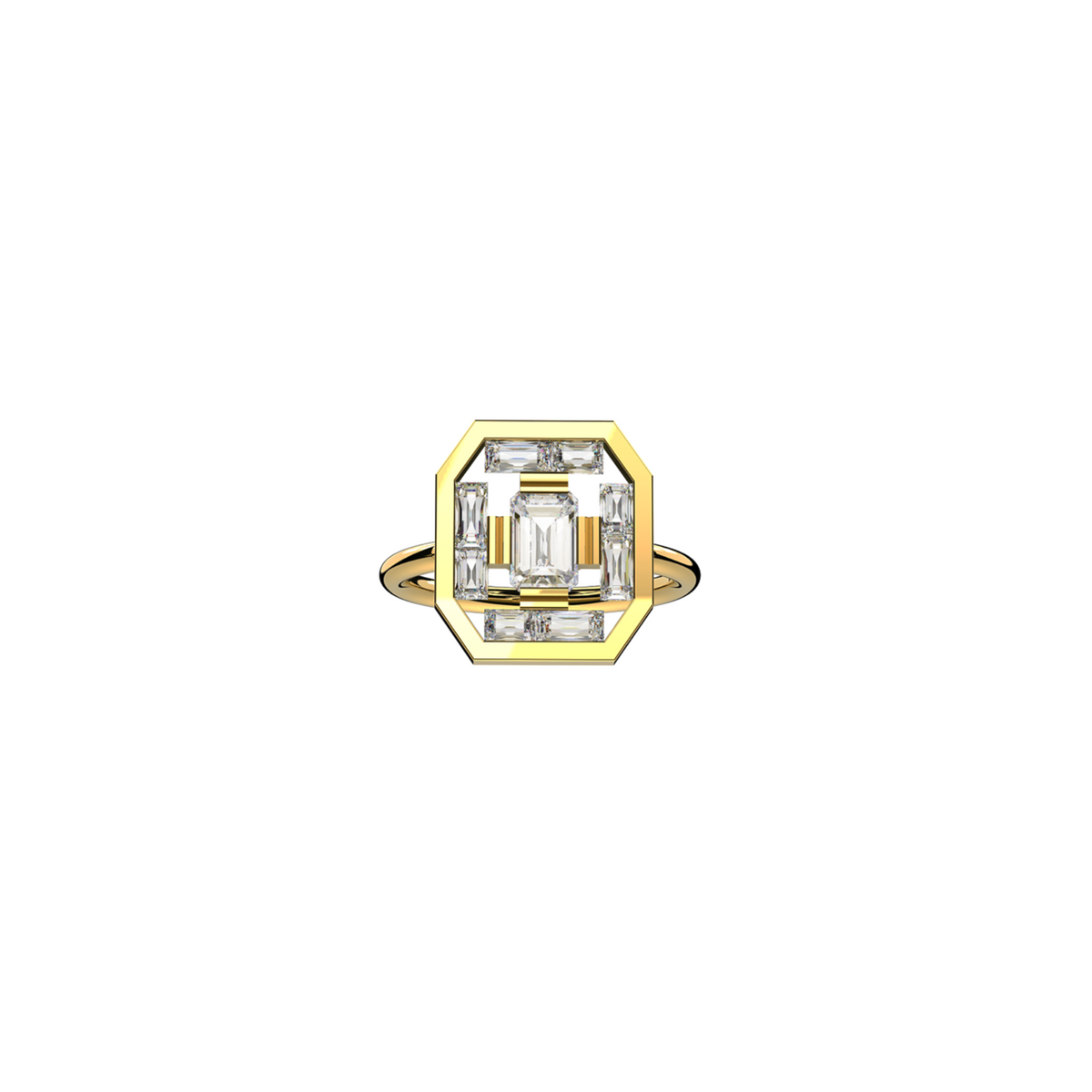 Art Deco Lumina Ring in 18K yellow gold with an octogonal diamond at its center, encircled by a harmonious arrangement of baguette-cut diamonds. Front view on a white background, by Nayestones, Belgian fine jewelry.