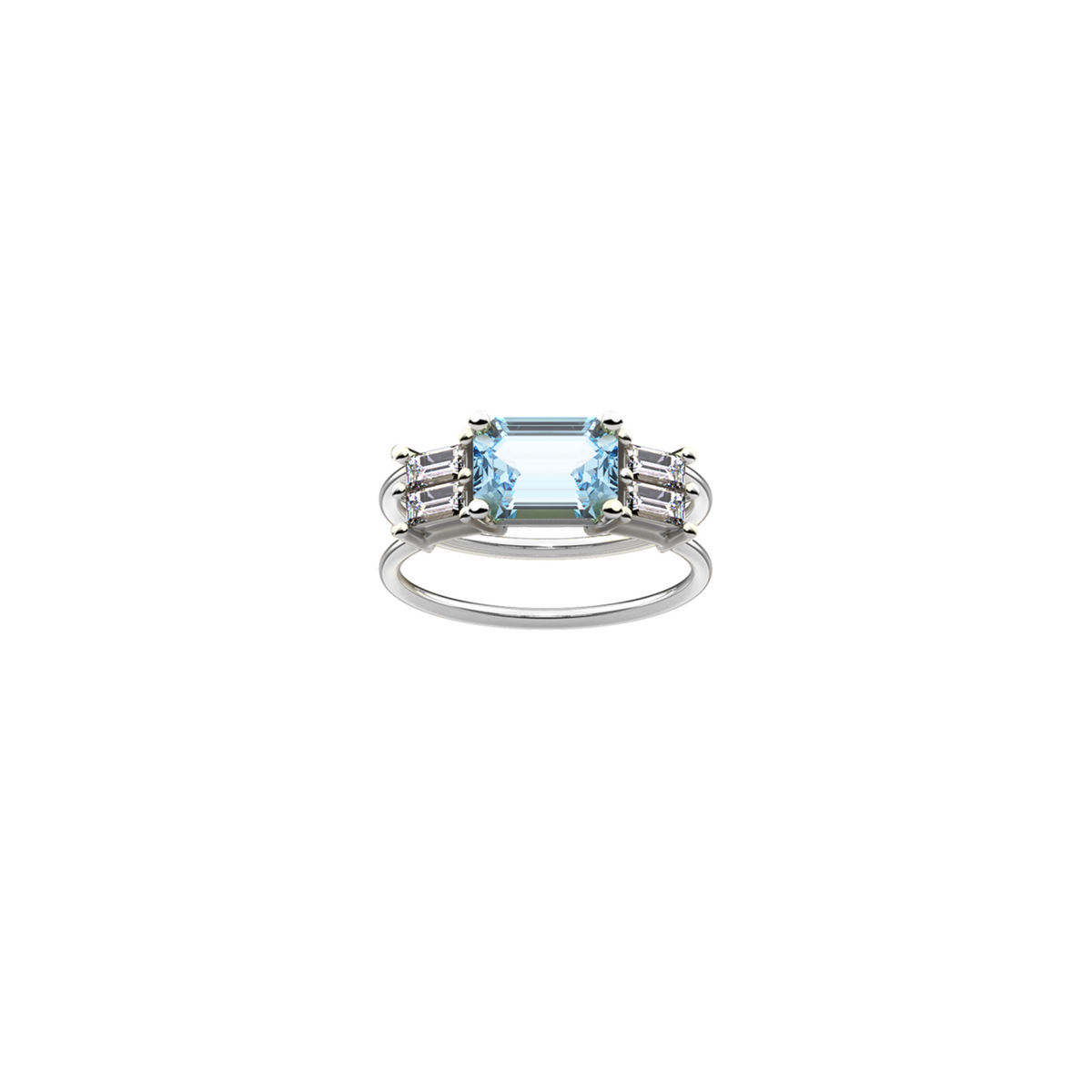 Linea Octavia Topaz ring in 18K white gold, featuring a central octogone blue topaz, and 2 baguette-shaped diamonds on either side of it, on a white background. By Nayestones, Belgian fine jeweler.