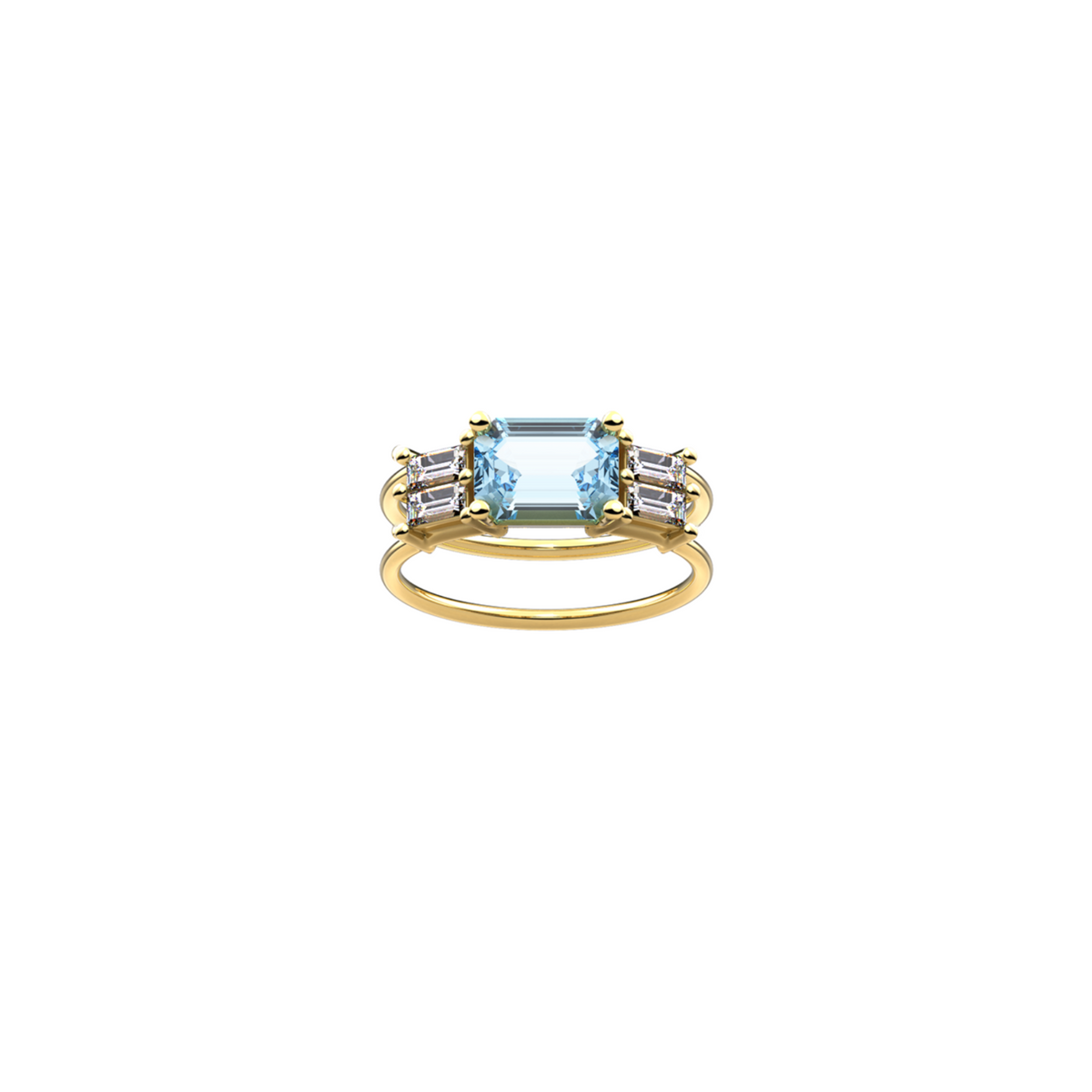 Linea Octavia Topaz ring in 18K yellow gold, featuring a central octogone blue topaz, and 2 baguette-shaped diamonds on either side of it, on a white background. By Nayestones, Belgian fine jeweler.