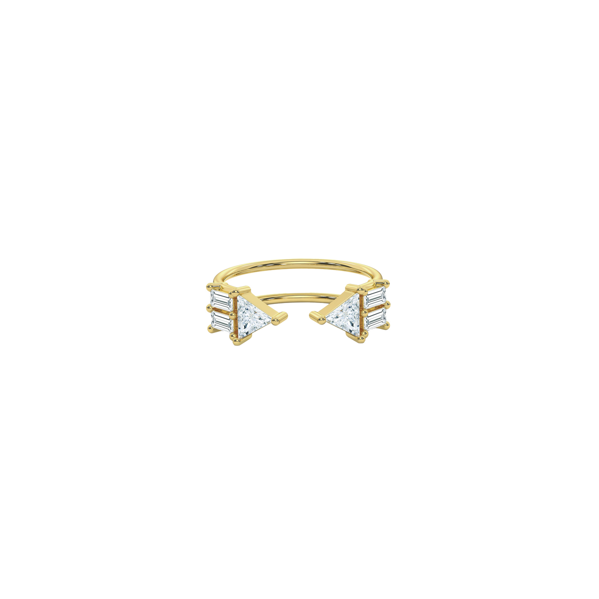 Atlante Ring in 18k yellow gold two trillion cut diamonds and four baguette-cut diamonds by Nayestones, Belgian fine jewelry.  
