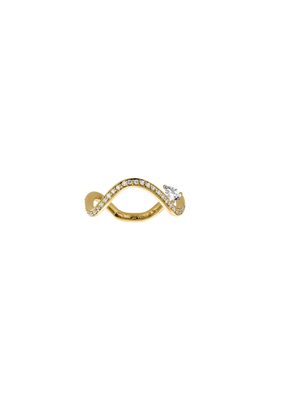 Ethically Crafted 18K yellow Gold Pear Cut Diamond Solitaire Ring with Pave Setting - Unique Wearable Design - Ideal for Contemporary Engagement - Matches with Petite Comete Band - Designed by Nayestones made in Antwerp