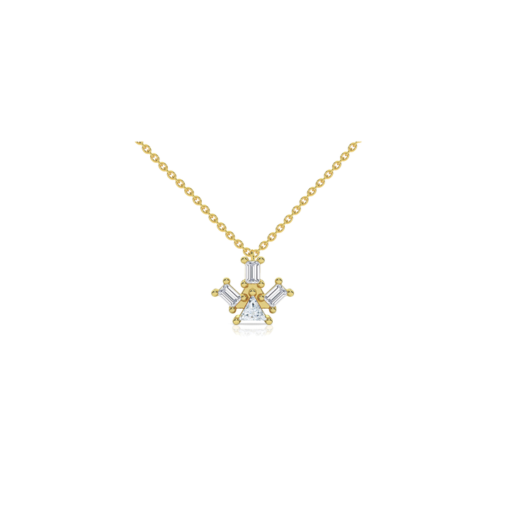 Pyramid Ray necklace intricately crafted in 18-karat gold, adorned with a solitary triangle diamond and three diamond baguettes, showcasing creative design by Nayestones, meticulously crafted in Antwerp.