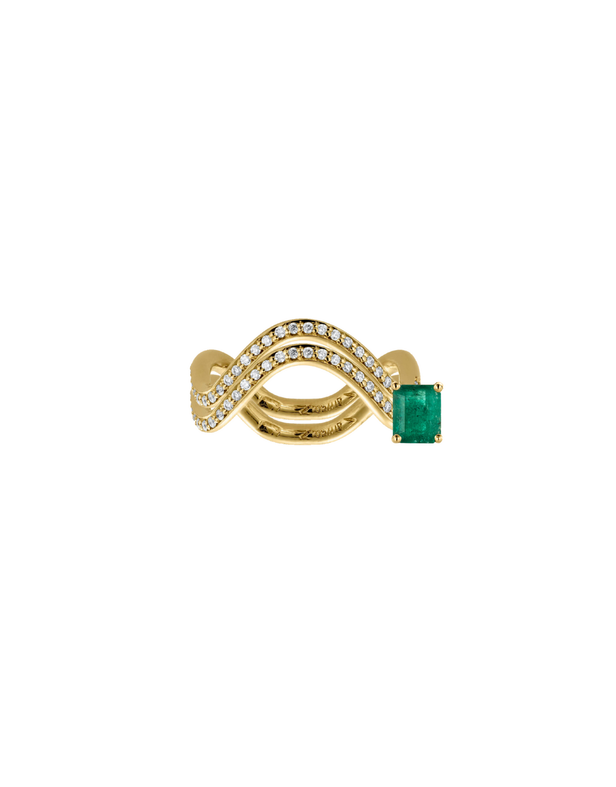 Petite comete wedding and engagement ring in 18k yellow gold and a baguette cut emerald and double pavé diamonds by Nayestones, Belgian creative jewelry. 