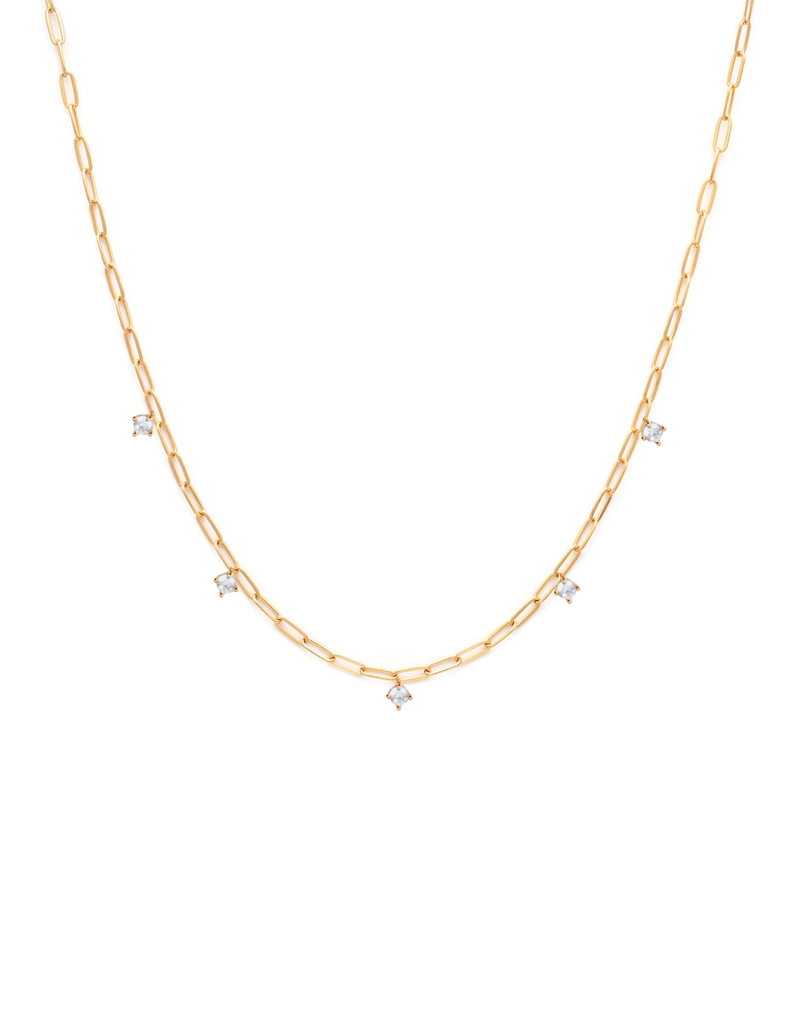 Eva Necklace in 18K gold with five round-cut diamonds by Nayestones, Belgian Fine Jewelry. Nayestones