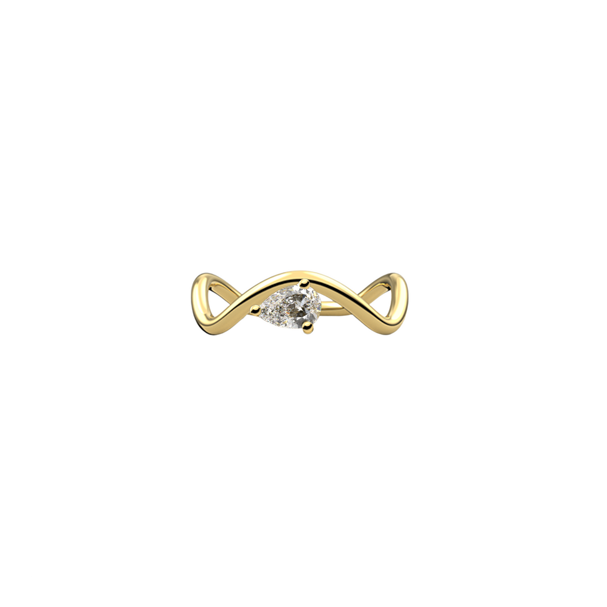 New Petite Comète engagement ring from Nayestones, Belgian fine jewelry, in 18K yellow gold set with a horizontal pear-cut 0.25-carat diamond, in a white background.