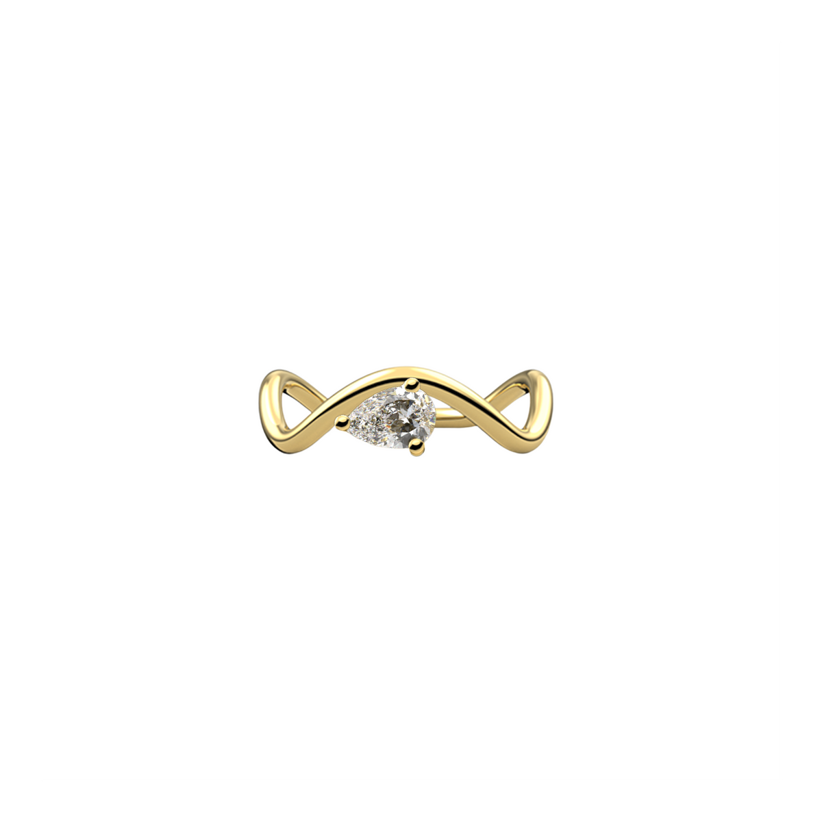 New Petite Comète engagement ring from Nayestones, Belgian fine jewelry, in 18K yellow gold set with a horizontal pear-cut 0.50-carat diamond, in a white background.