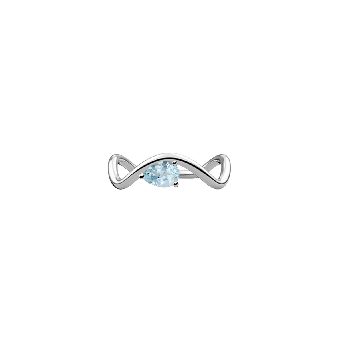 New Petite Comète engagement ring from Nayestones, Belgian fine jewelry, in 18K white gold set with a horizontal pear-cut aquamarine, in a white background.