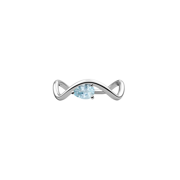 New Petite Comète engagement ring from Nayestones, Belgian fine jewelry, in 18K white gold set with a horizontal pear-cut aquamarine, in a white background. Nayestones