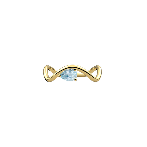 New Petite Comète engagement ring from Nayestones, Belgian fine jewelry, in 18K yellow gold set with a horizontal pear-cut aquamarine, in a white background. Nayestones