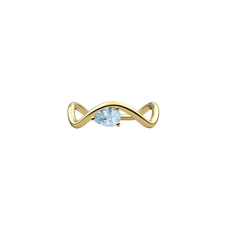 New Petite Comète engagement ring from Nayestones, Belgian fine jewelry, in 18K yellow gold set with a horizontal pear-cut aquamarine, in a white background. Nayestones