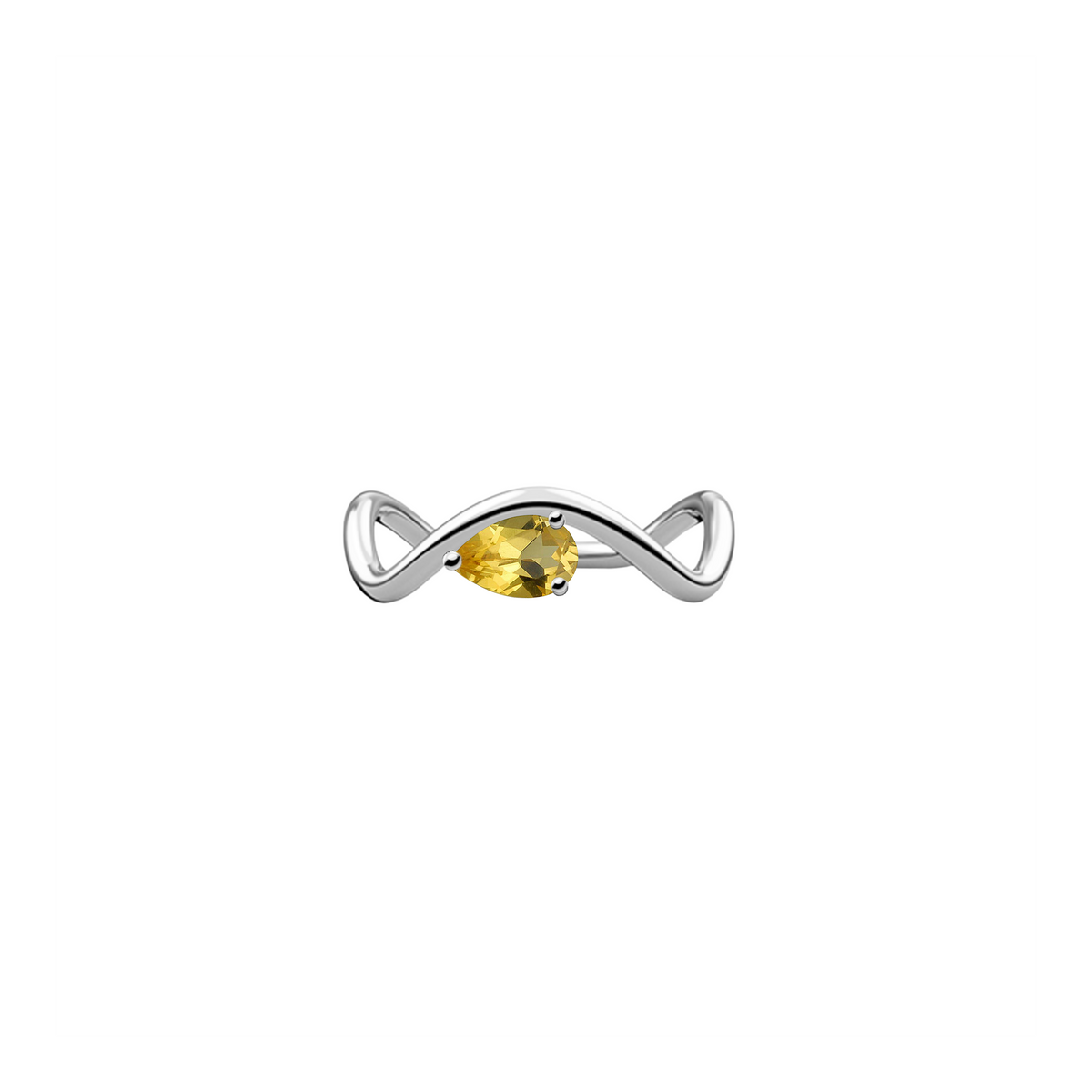 New Petite Comète engagement ring from Nayestones, Belgian fine jewelry, in 18K white gold set with a horizontal pear-cut citrine, in a white background.