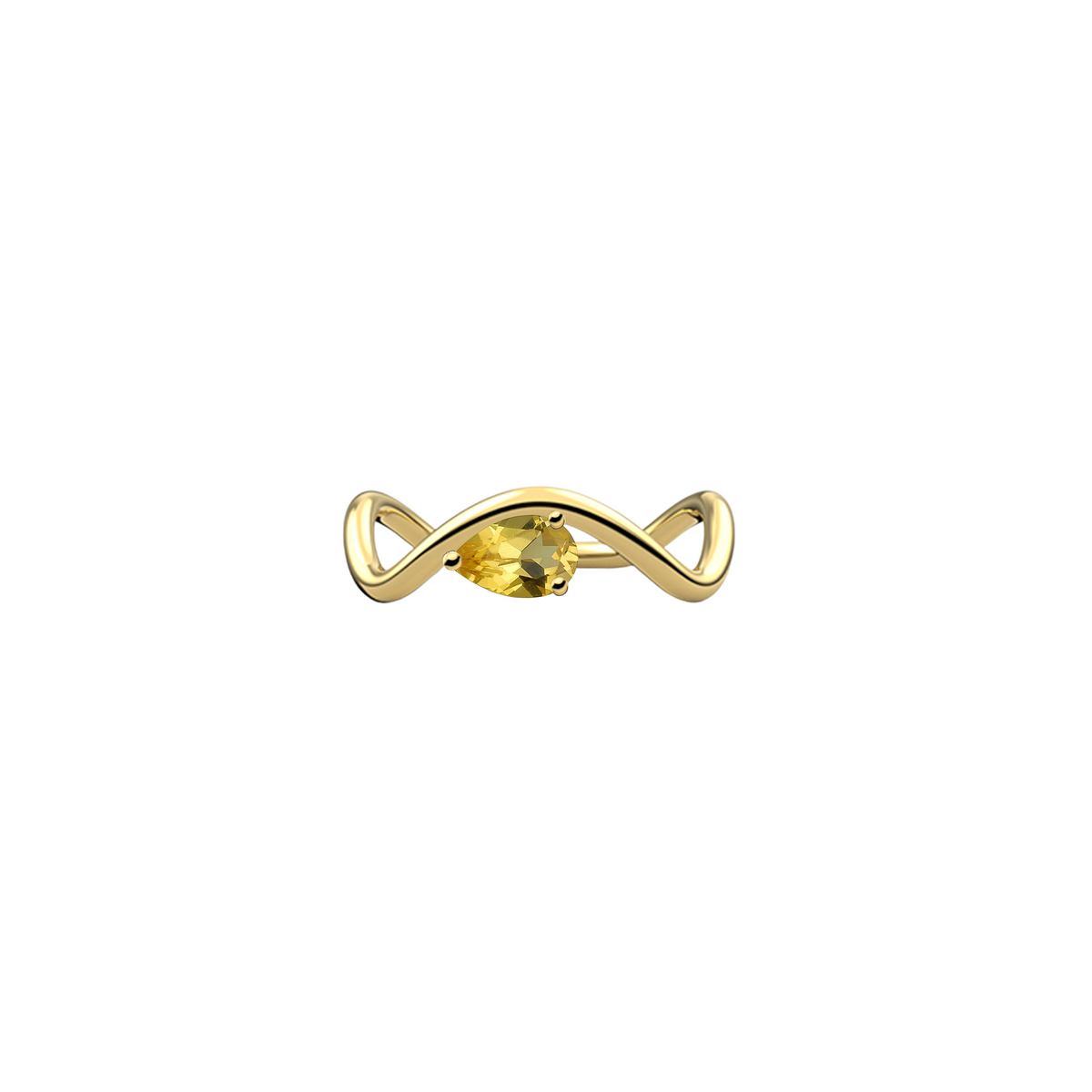 New Petite Comète engagement ring from Nayestones, Belgian fine jewelry, in 18K yellow gold set with a horizontal pear-cut citrine, in a white background.