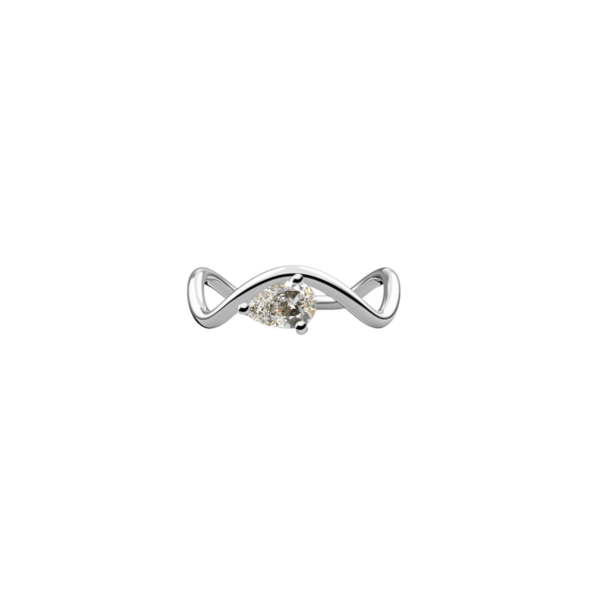 New Petite Comète engagement ring from Nayestones, Belgian fine jewelry, in 18K white gold set with a horizontal pear-cut 0.70-carat diamond, in a white background.