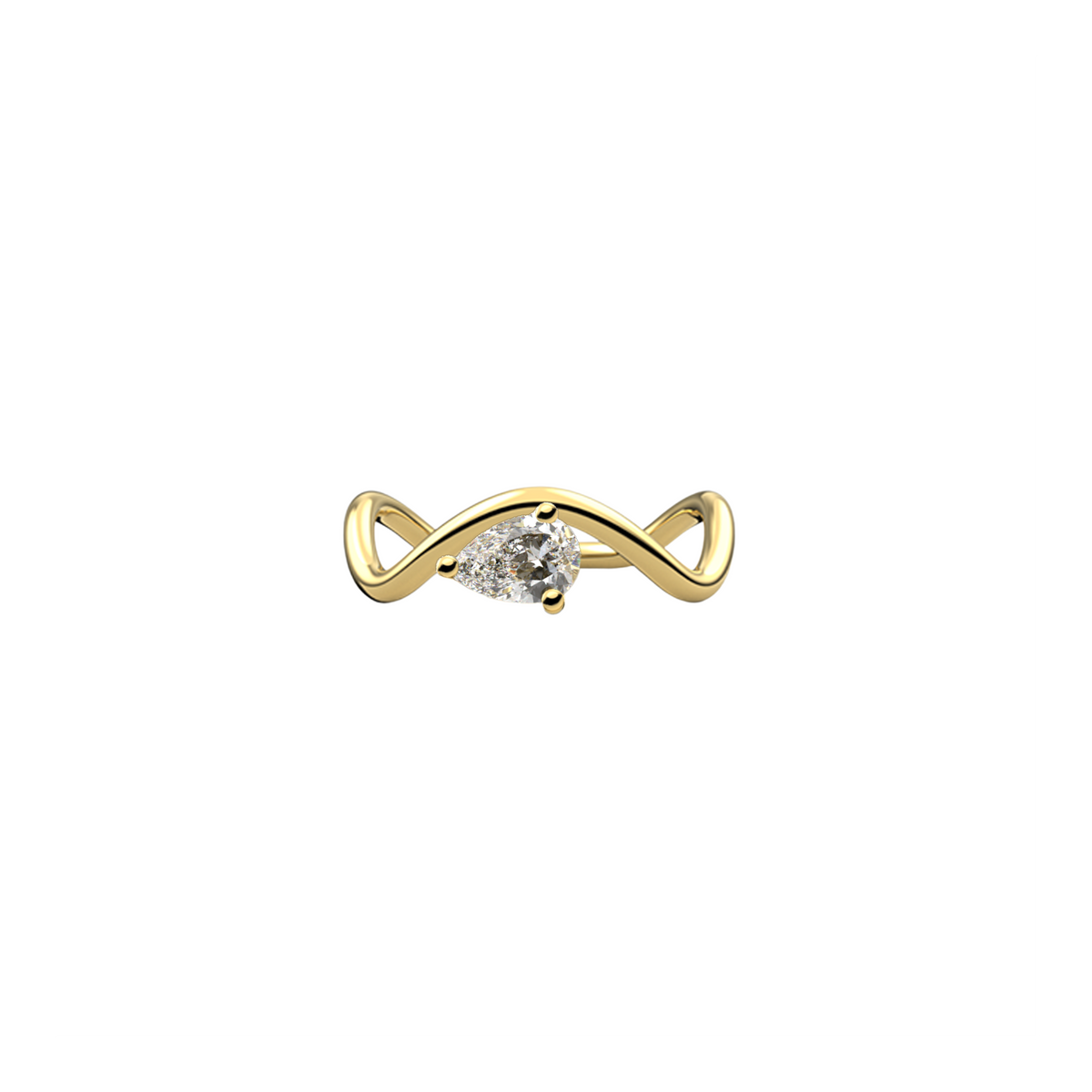 New Petite Comète engagement ring from Nayestones, Belgian fine jewelry, in 18K yellow gold set with a horizontal pear-cut 0.70-carat diamond, in a white background.