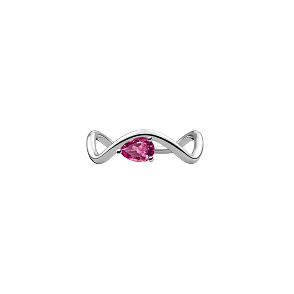 New Petite Comète engagement ring from Nayestones, Belgian fine jewelry, in 18K white gold set with a horizontal pear-cut pink tourmaline, in a white background. Nayestones