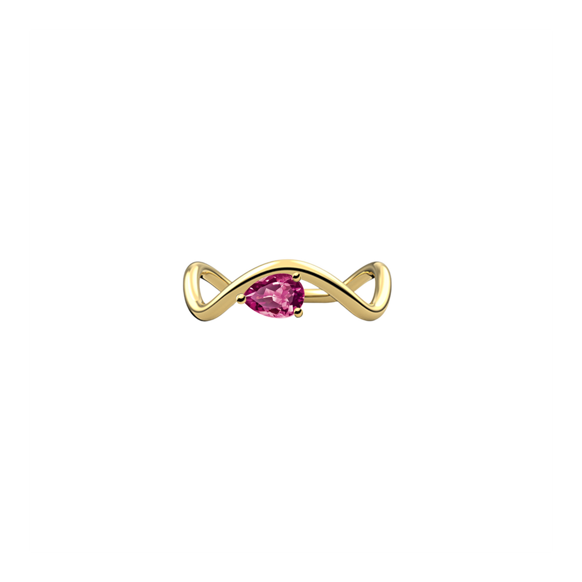 New Petite Comète engagement ring from Nayestones, Belgian fine jewelry, in 18K yellow gold set with a horizontal pear-cut pink tourmaline, in a white background.