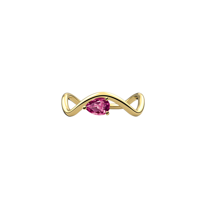 New Petite Comète engagement ring from Nayestones, Belgian fine jewelry, in 18K yellow gold set with a horizontal pear-cut pink tourmaline, in a white background. Nayestones