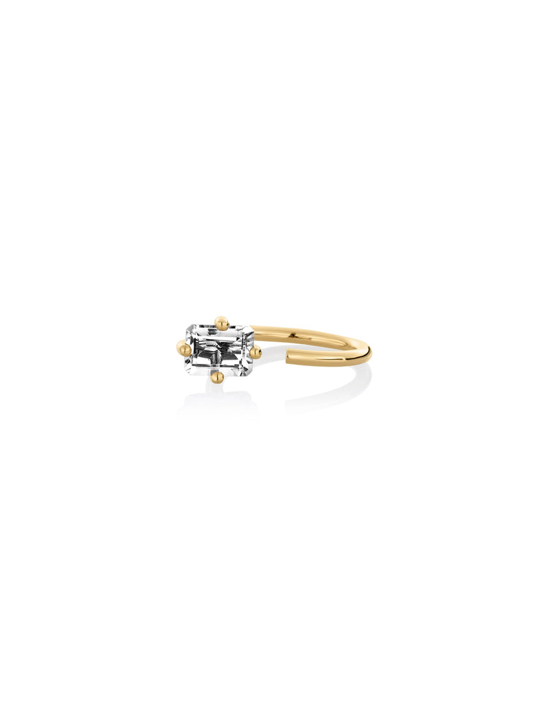 Octogone Ring in 9K yellow gold with an octagon cut white topaz by Nayestones, Belgian fine jewelry.  Nayestones