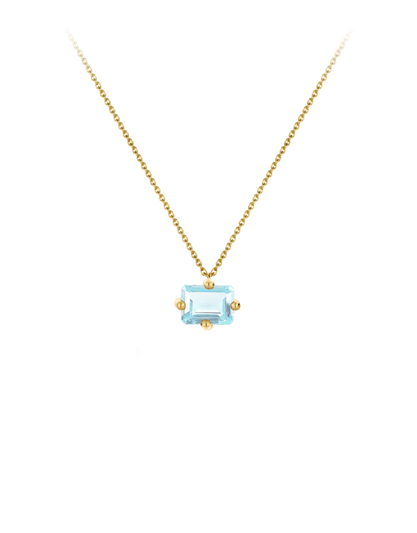 Signature octogone necklace in 9k yellow gold with a octagon-cut aquamarine by Nayestones, Belgian Fine Jewelry. Nayestones