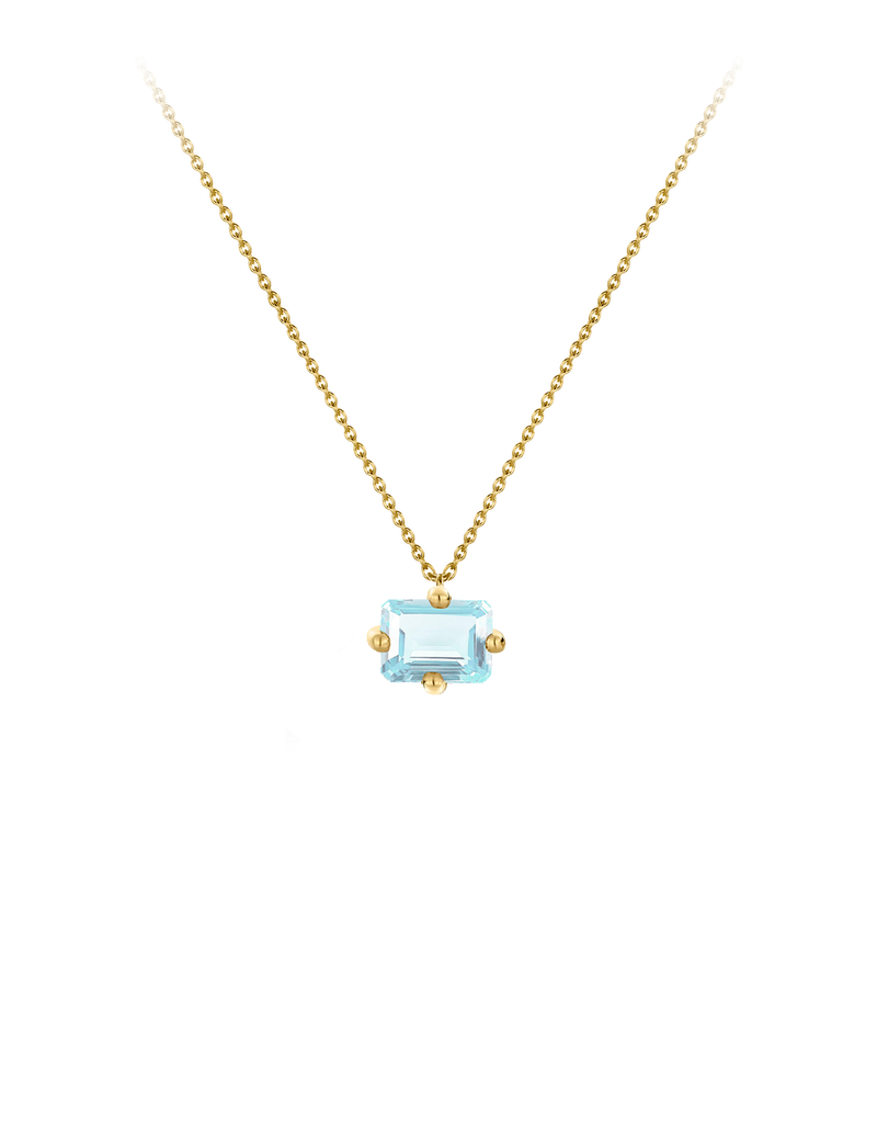 Signature octogone necklace in 9k yellow gold with a octagon-cut aquamarine by Nayestones, Belgian Fine Jewelry. Nayestones