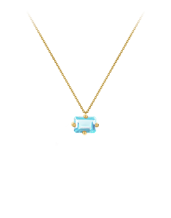 Signature octogone necklace in 9k yellow gold with an octagon-cut sky blue topaz by Nayestones, Belgian Fine Jewelry. Nayestones