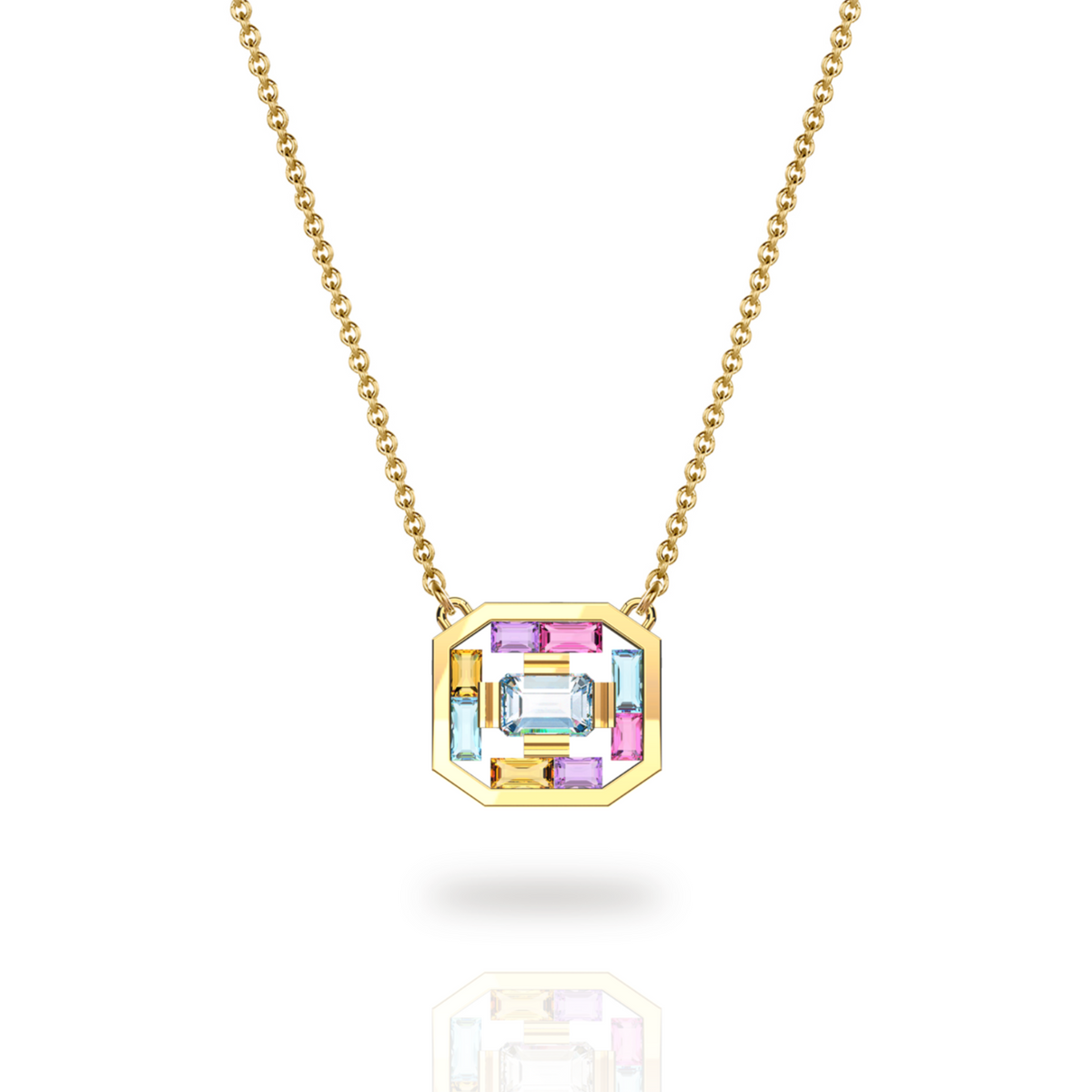 Art Deco Aura Necklace presented in a white background, in 18K yellow gold featuring an octogonal blue topaz as its centerpiece, surrounded by baguette-cut amethysts, tourmalines, citrines, and blue topaz stones. The gemstones are artfully spaced within a geometric gold frame, creating a light and airy design that delicately enhances the neckline.
