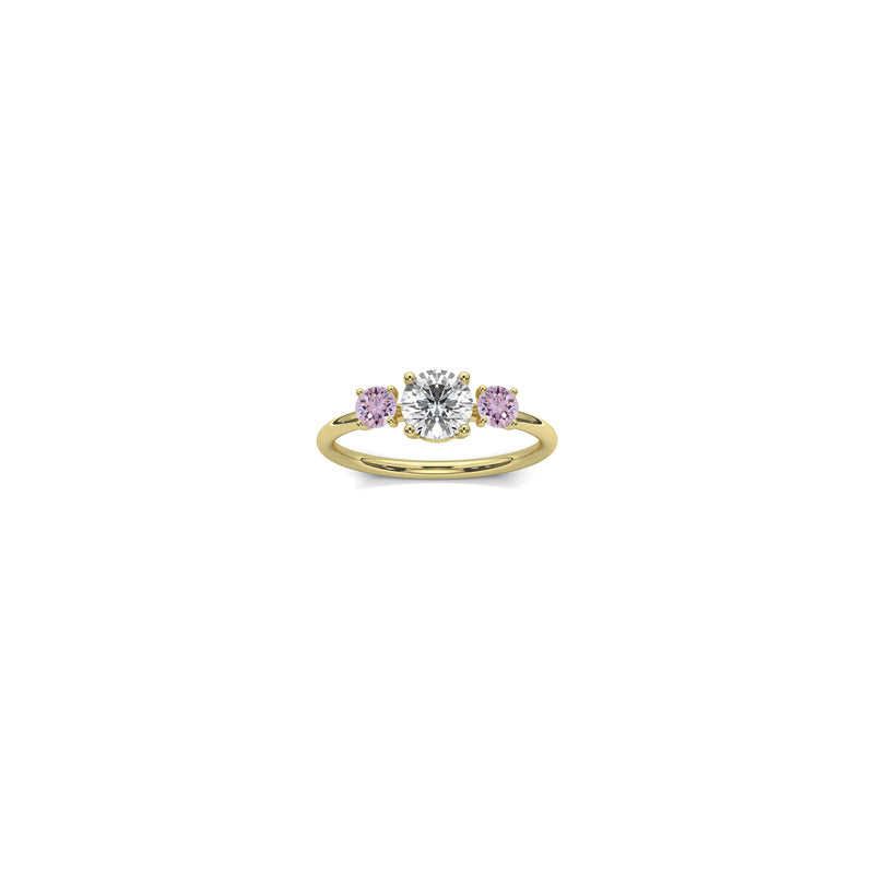 Trilogy engagement ring in 18K yellow gold with 0.75 carat diamond center stone and 2 amethyst side stones by Nayestones, Belgian fine jewelry brand. Nayestones