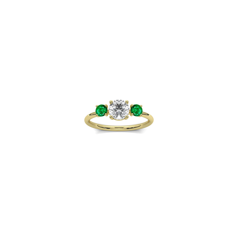 Trilogy engagement ring in 18K yellow gold with 0.75 carat diamond center stone and 2 emerald side stones by Nayestones, Belgian fine jewelry brand. Nayestones