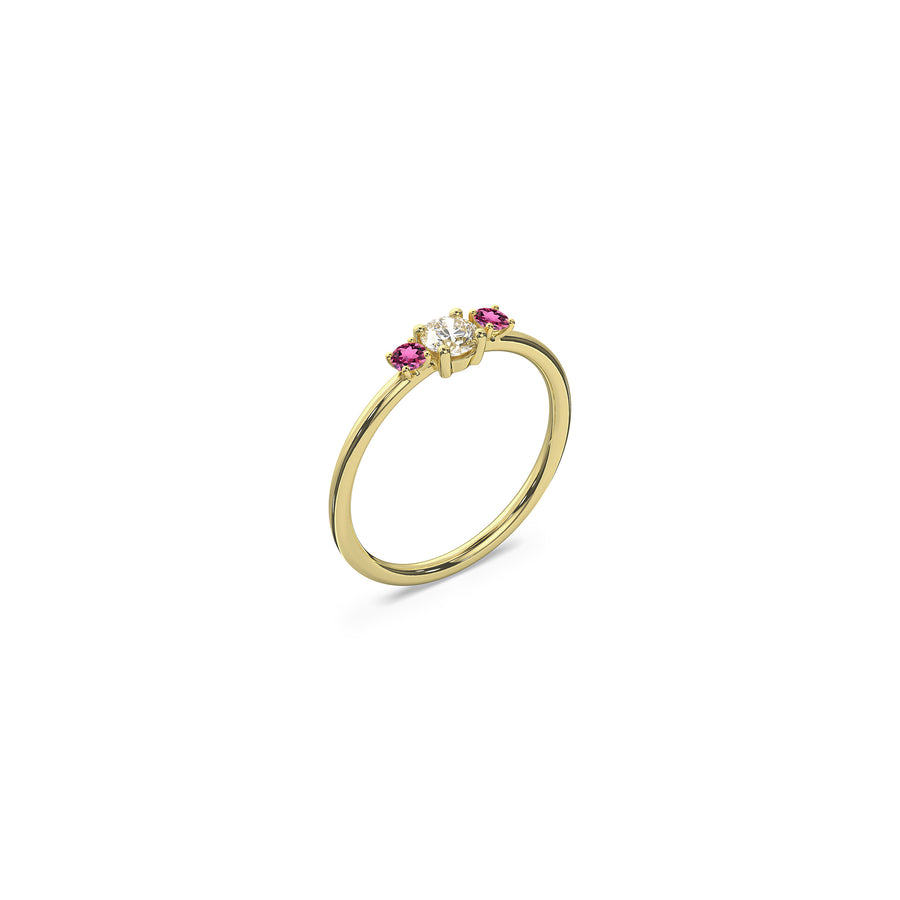 Diamond 18K yellow recycled gold trilogy wedding band - 0.25 carat center stone and two 0.068 carat pink tourmaline side stones. Nayestones Contemporary Fine Jewellery made in Antwerp