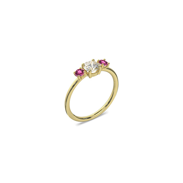 Diamond 18K yellow recycled gold trilogy wedding band - 0.5 carat center stone and two 0.1 carat pink tourmaline side stones. Nayestones Contemporary Fine Jewellery made in Antwerp