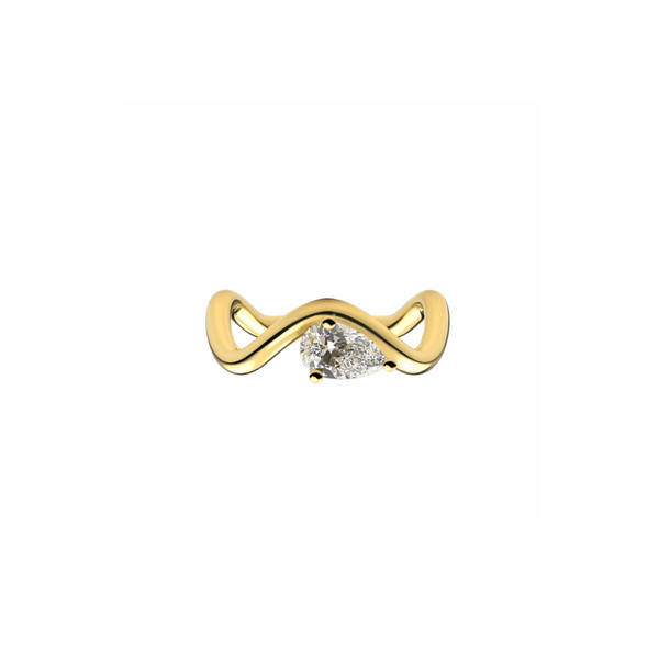 Petite Comete Bold engagement ring in 18k yellow gold with a 0.70 carat Pear Star Diamond in a white background, by Nayestones, Belgian Fine Jewelry. Nayestones