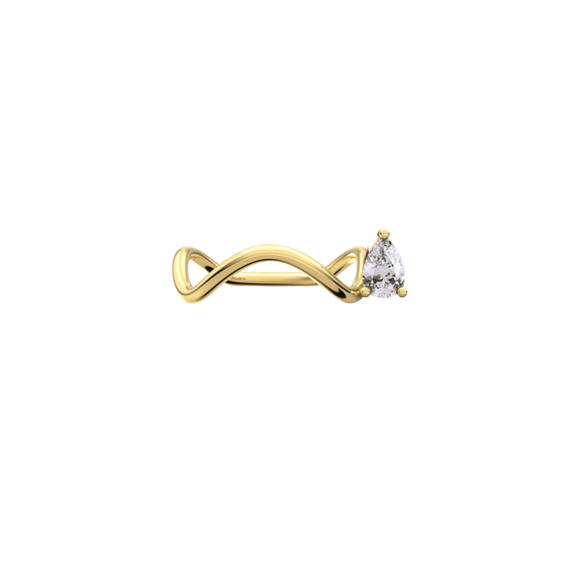 Petite Comète ring in 18k yellow gold with a pear-shaped diamond on the side, on a white background by Nayestones, Belgian fine jewelry.