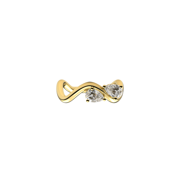 Petite Comete Bold engagement ring in 18k yellow gold with two 0.25-carat Pear Star Diamonds facing each other in a white background, by Nayestones, Belgian Fine Jewelry. Nayestones