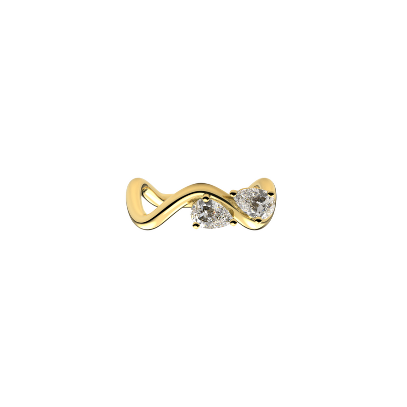 Petite Comete Bold engagement ring in 18k yellow gold with two 0.25-carat Pear Star Diamonds facing each other in a white background, by Nayestones, Belgian Fine Jewelry. Nayestones