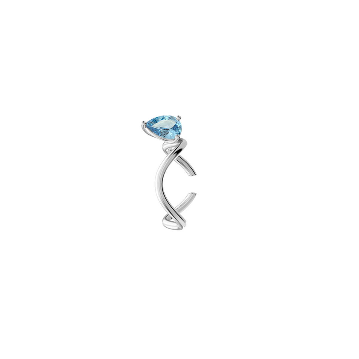 Petite Comète Earcuff from Nayestones, Belgian fine jewelry, in 18K white gold set with a pear-cut blue topaz, in a white background.