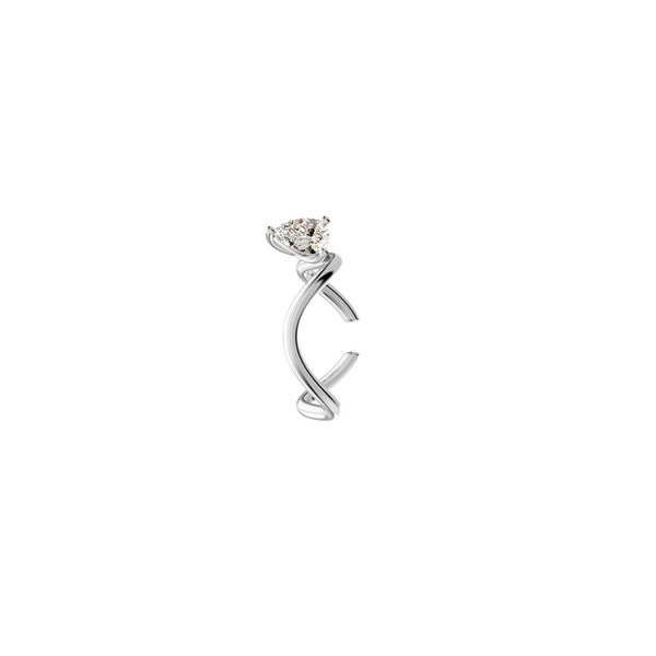 Petite Comète Earcuff from Nayestones, Belgian fine jewelry, in 18K white gold set with a pear-cut diamond, in a white background. Nayestones