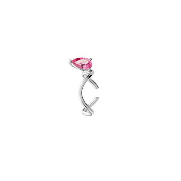 Petite Comète Earcuff from Nayestones, Belgian fine jewelry, in 18K white gold set with a pear-cut pink tourmaline, in a white background. Nayestones