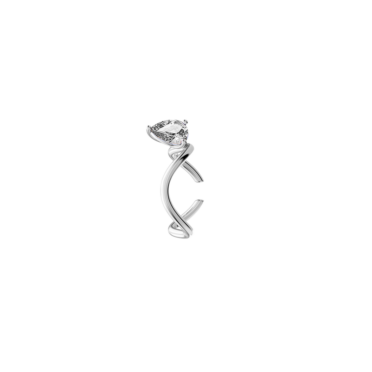 Petite Comète Earcuff from Nayestones, Belgian fine jewelry, in 18K white gold set with a pear-cut white topaz, in a white background.