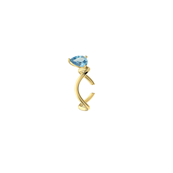 Petite Comète Earcuff from Nayestones, Belgian fine jewelry, in 18K yellow gold set with a pear-cut blue topaz, in a white background. Nayestones