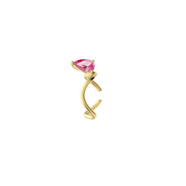 Petite Comète Earcuff from Nayestones, Belgian fine jewelry, in 18K yellow gold set with a pear-cut pink tourmaline, in a white background. Nayestones